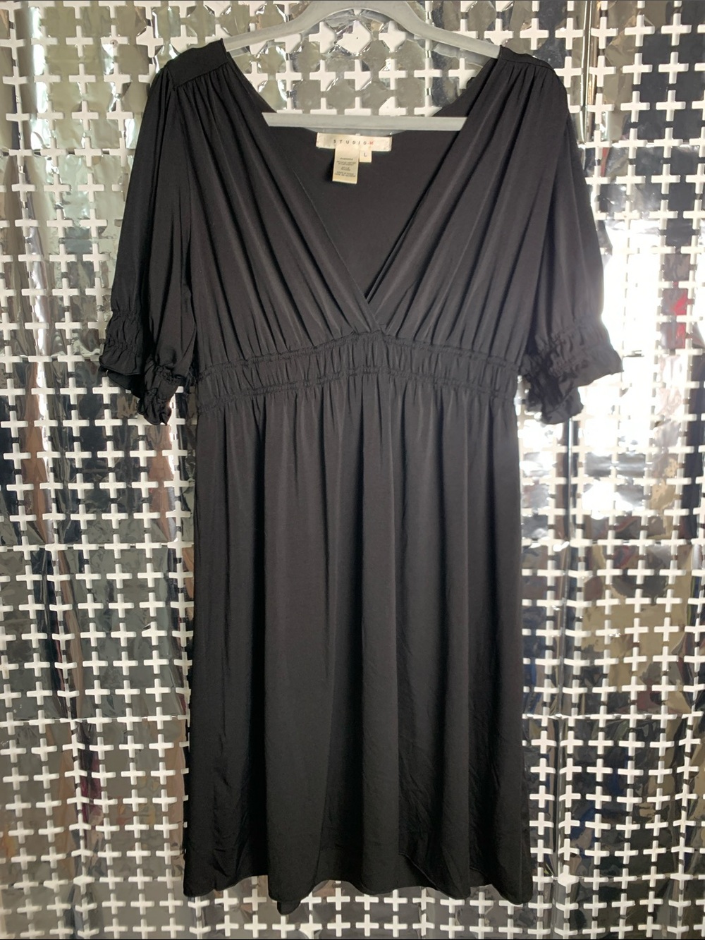Studio M Black V-Neck Ruffled Sleeve Empire Dress